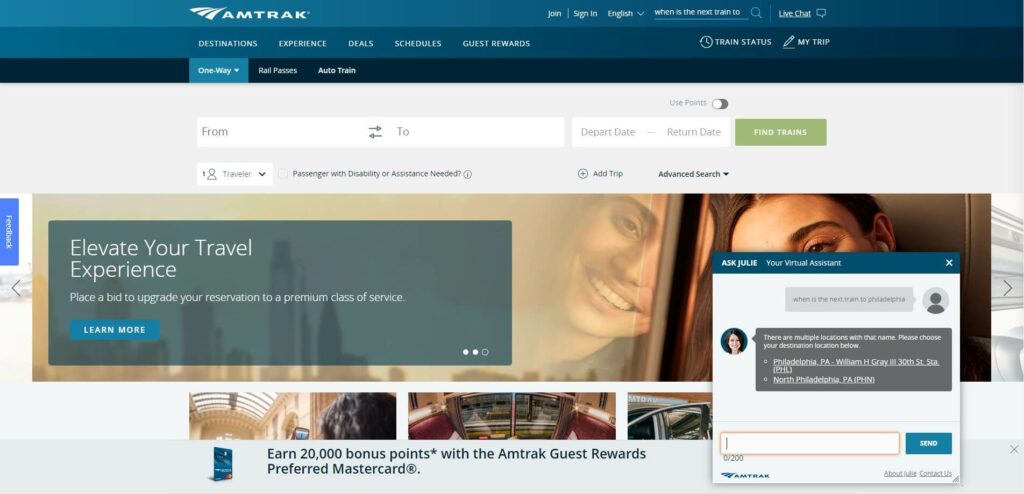 A screenshot of the Amtrak website with a chatbot called Julie
