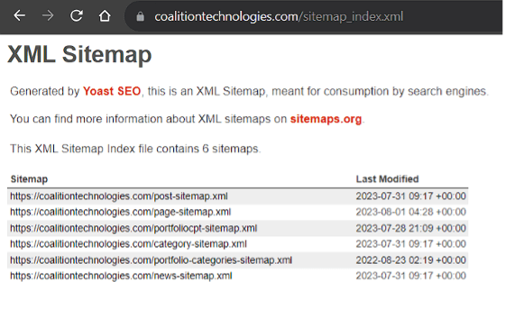 A screenshot of Coalition Technologies’s XML sitemap